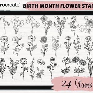 Birth month Flower Procreate stamps | 24 Flower Procreate stamps | Floral Procreate stamps | Procreate Flower Brush | Procreate Brushes Tool