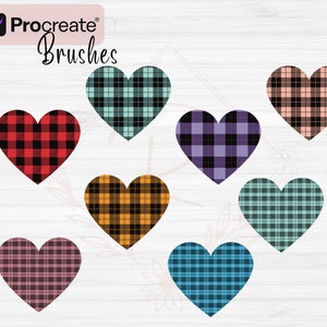 Peut inclure: Huit pinceaux num&eacute;riques en forme de c&oelig;ur avec diff&eacute;rents motifs &agrave; carreaux dans diverses couleurs, notamment le rouge, le noir, le bleu, le vert, l'orange, le rose et le violet. Les pinceaux sont con&ccedil;us pour &ecirc;tre utilis&eacute;s dans l'application Procreate.