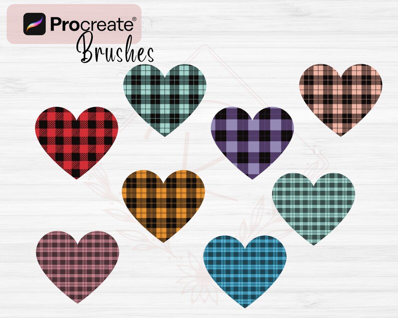 Peut inclure: Huit pinceaux num&eacute;riques en forme de c&oelig;ur avec diff&eacute;rents motifs &agrave; carreaux dans diverses couleurs, notamment le rouge, le noir, le bleu, le vert, l'orange, le rose et le violet. Les pinceaux sont con&ccedil;us pour &ecirc;tre utilis&eacute;s dans l'application Procreate.