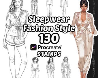 May include: A digital collection of 130 Procreate stamps featuring Sleepwear Fashion Style illustrations. The set includes various line art drawings of loungewear and pajamas, alongside one full-color illustration of a satin pajama set.