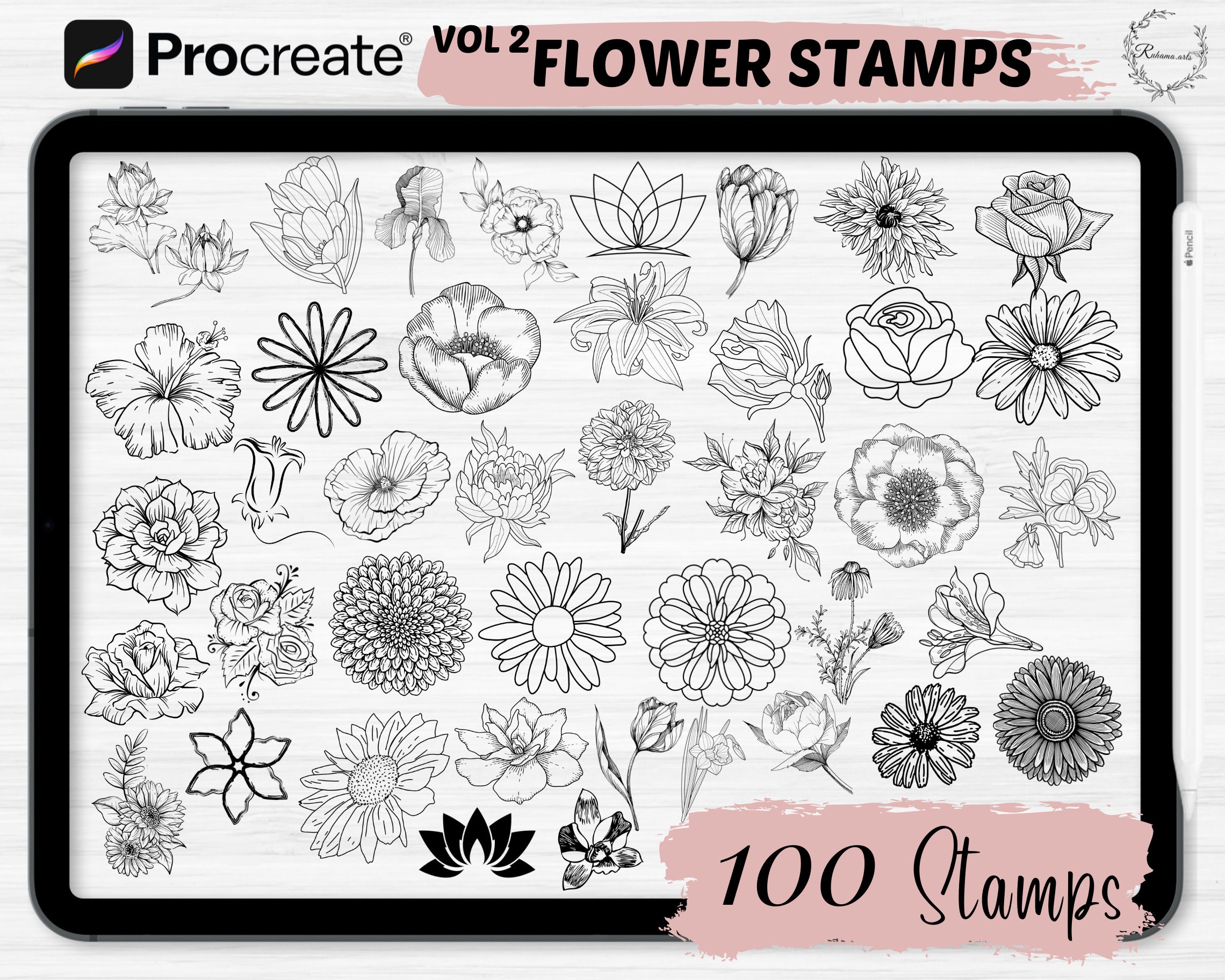 Procreate Flower Stamps | 100 Flower Botanical Procreate Stamps |flower ...