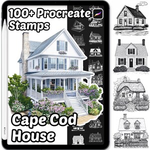 May include: A tablet screen showing a digital art product with a Cape Cod house illustration and the text "100+ Procreate Stamps." The image features a white house with blue shutters and a porch, surrounded by flowers and greenery.