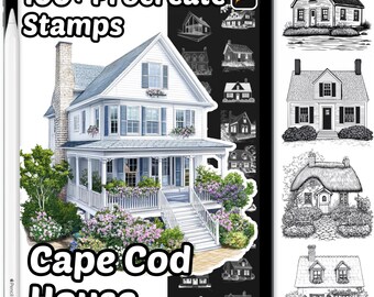 Znaczki Procreate z domami na Cape Cod | Ponad 100 znaczków Procreate z domami | Domy na Cape Cod w Procreate | Tło domów w Procreate | Kreator scen