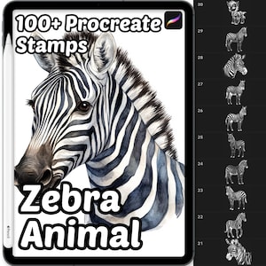 May include: A digital illustration of a zebra's head with black and white stripes. The image is part of a set of 100+ Procreate stamps for digital art.