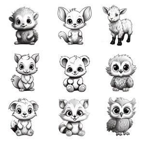 May include: A set of nine black and white illustrations of cute cartoon animals. The animals include a hedgehog, a fox, a goat, a squirrel, a bear, an owl, a raccoon, and two more owls.