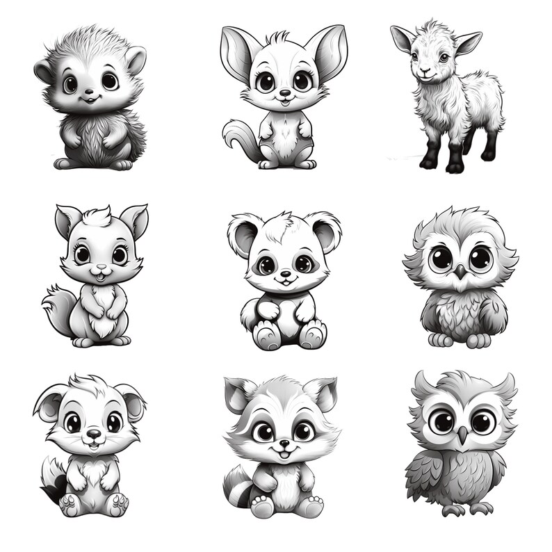 May include: A set of nine black and white illustrations of cute cartoon animals. The animals include a hedgehog, a fox, a goat, a squirrel, a bear, an owl, a raccoon, and two more owls.