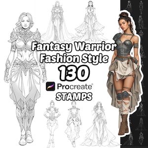 Procreate-Pinsel für Fantasy-Krieger-Mode | 130 Procreate-Stempel für Fantasy-Krieger-Mode | Weibliche Posen | Stilvolle Model-Kleider