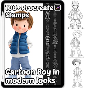 May include: A digital illustration on a tablet featuring a cartoon boy in modern looks. The boy wears a blue vest and gray pants. The text reads "100+ Procreate Stamps" and "Cartoon Boy in modern looks."