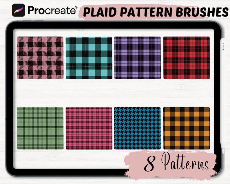 Peut inclure: L'&eacute;cran d'une tablette num&eacute;rique affiche huit motifs &eacute;cossais diff&eacute;rents. Les motifs sont de diff&eacute;rentes couleurs, notamment rose, turquoise, violet, rouge, vert, noir et orange. Le texte "PLAID PATTERN BRUSHES" est affich&eacute; en haut de l'&eacute;cran, et le texte "8 Patterns" est affich&eacute; en bas de l'&eacute;cran.