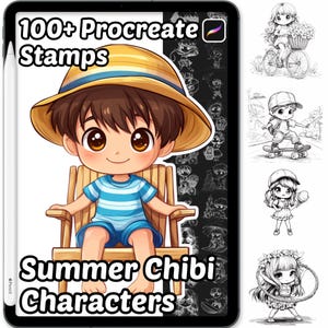 May include: A digital illustration on a tablet featuring a cartoon boy in a straw hat and blue striped shirt, sitting in a wooden chair. Text reads "100+ Procreate Stamps" and "Summer Chibi Characters". Includes sketches of chibi characters.