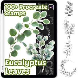 Könnte beinhalten: Ein digitales Kunstdesign auf einem Tablet, das Eukalyptusblätter und den Text "100+ Procreate Stamps" und "Eucalyptus Leaves" zeigt. Das Design umfasst grüne und graue Blätterillustrationen, mit einem Stift auf der linken Seite.