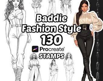 May include: A digital collection of 130 Baddie Fashion Style Procreate stamps featuring various line art illustrations of figures in modern outfits, alongside one full-color illustration of a figure in a cream blouse and black pants.