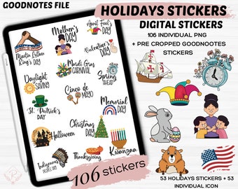 US Holidays Digital Stickers | Pre-cropped Holidays Stickers for Goodnotes | 106 Pre-cropped Federal Holidays Digital Stickers | Holiday PNG