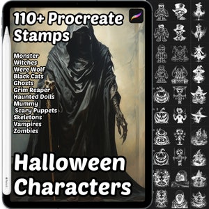 Haunted Halloween Characters Procreate Stamps | 100+ Procreate Halloween Brushes | Horror Scenes | Witches | Black Cats | Zombies | Ghost