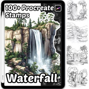 May include: A digital art product displayed on a tablet. The image features a vibrant waterfall scene with lush greenery and the text "100+ Procreate Stamps Waterfall". Additional waterfall sketches are shown on the right.