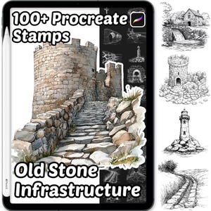 May include: A digital tablet displays a Procreate stamp set featuring old stone infrastructure. The main image shows a watercolor illustration of a stone castle with a staircase. Additional black and white sketches of stone structures are also visible.