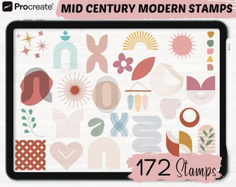 Puede incluir: Una pantalla de tableta digital que muestra 172 sellos de estilo moderno de mediados de siglo. Los sellos son coloridos y presentan formas geométricas, líneas y patrones. Los sellos son perfectos para agregar un toque de estilo retro a tus proyectos.