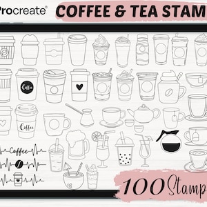 Può includere: Un'illustrazione digitale di 100 timbri di caffè e tè in bianco e nero. I timbri includono varie tazze da caffè, tazze da tè, teiere e altre immagini correlate. Il testo "100 Stamps" è visibile nella parte inferiore dell'immagine.