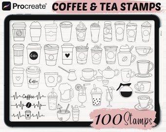 以下が含まれることがあります： 100個の白黒のコーヒーと紅茶のスタンプのデジタルイラスト。スタンプには、さまざまなコーヒーカップ、ティーカップ、ティーポット、その他の関連する画像が含まれています。画像の下部に「100 Stamps」というテキストが表示されています。