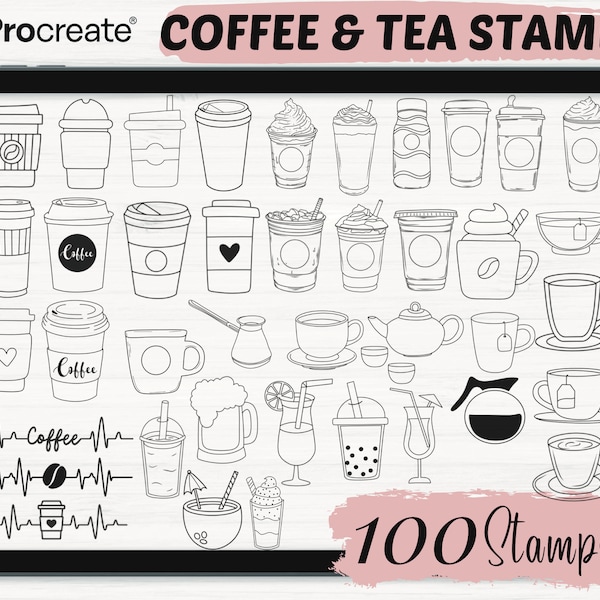 Procreate Koffie Stempels | 100 koffie- en theeplantzegels | Dranken Procreate Brushes | Doodle Procreate Stempels | Food Procreate Borstels