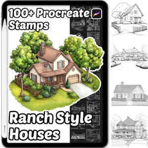 Puede incluir: Un producto de arte digital en una tableta, con una ilustración en acuarela de una casa estilo rancho rodeada de árboles. También se ve el texto "100+ Procreate Stamps" y "Ranch Style Houses". Incluye bocetos de casas.