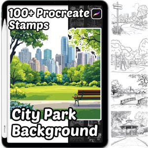 Puede incluir: Una tableta muestra un producto de arte digital con una escena de parque urbano, que incluye un banco, árboles y rascacielos. El texto en la pantalla dice "100+ Procreate Stamps" y "City Park Background". Se muestran ilustraciones de parque adicionales.