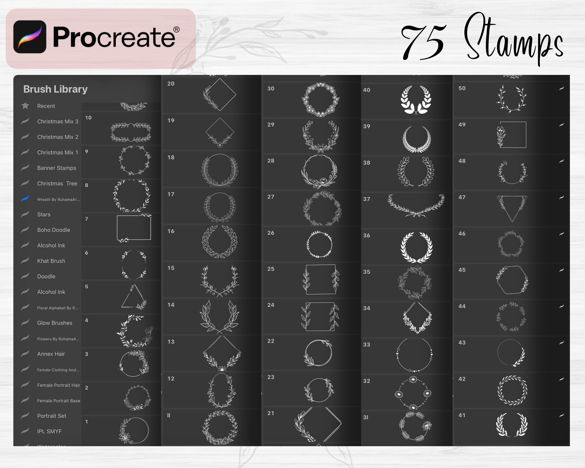 Procreate Floral Wreath Stamps | 75 Wreath Procreate Stamps | Flower ...