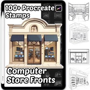May include: Digital illustration of a computer store front with the text "100+ Procreate Stamps" and "Computer Store Fronts". The store has a beige facade, blue awnings, and multiple computer screens in the windows.