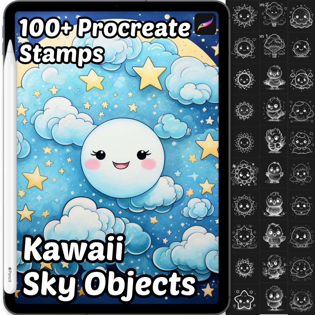 Kawaii Sky Objects Procreate Stamps | 100+ Procreate Sun, Moon, Clouds ...