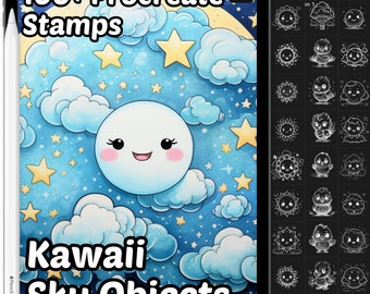Kawaii Sky objects Procreate Stamps | 100+ Procreate Sun, Moon, Clouds, Stars, Rainbows Stamps | Procreate brushes | Procreate tools