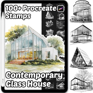 Può includere: Illustrazione di arte digitale su un tablet con un design di casa di vetro contemporanea. L'immagine include il testo "100+ Procreate Stamps" e "Contemporary Glass House". Ulteriori schizzi architettonici sono visualizzati sul lato destro del tablet.