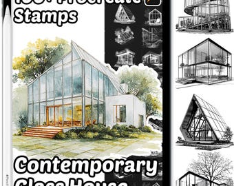 Współczesne szklane domy – znaczki Procreate | Ponad 100 znaczków Procreate House | Współczesne szklane domy | Tło Procreate | Kreator scen