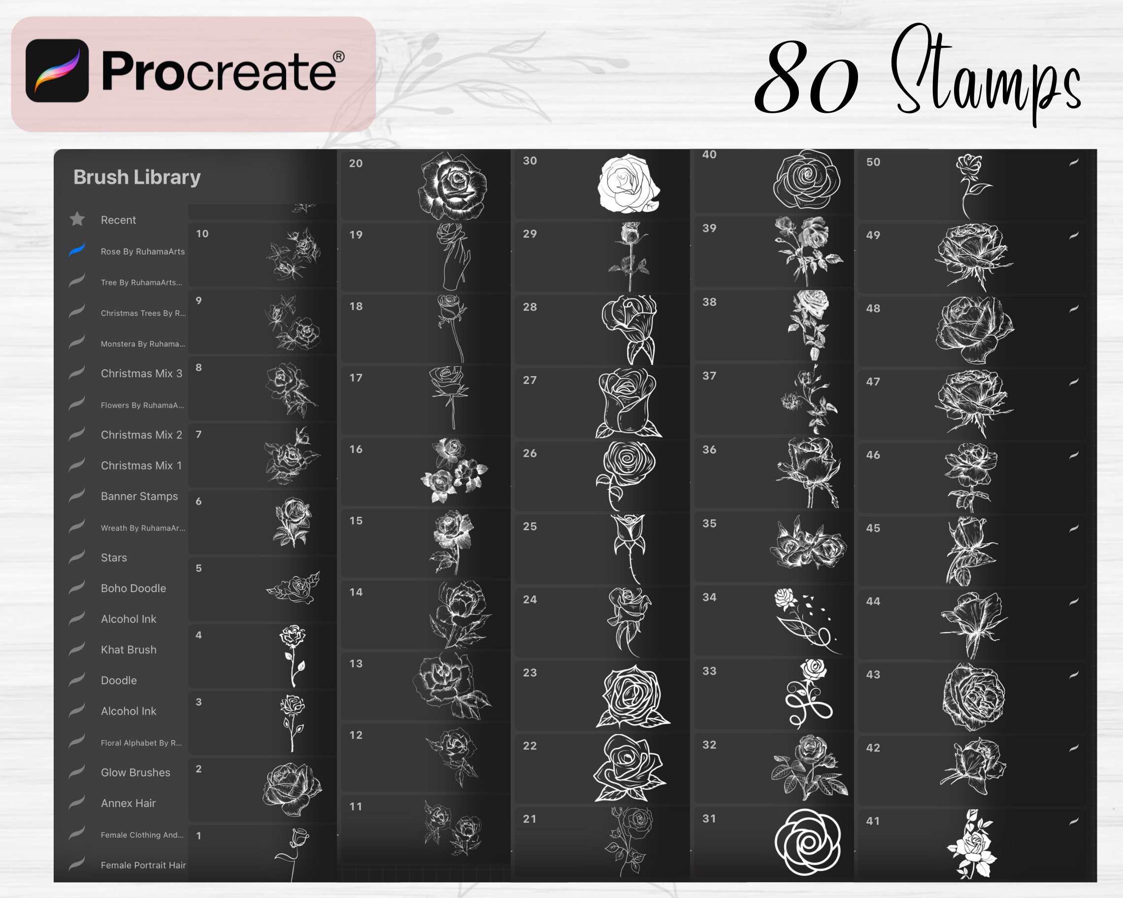 Procreate Rose Flower Stamps | 80 Rose Procreate Stamps |flower Stamps ...