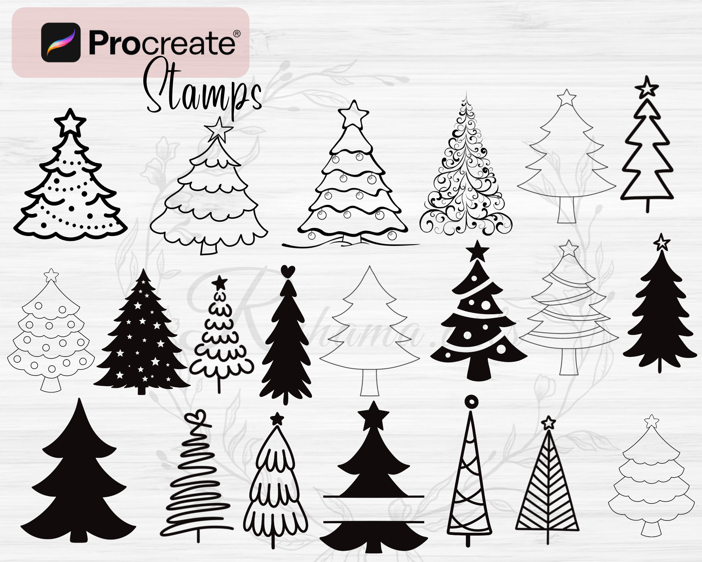 Christmas Tree Procreate Stamps |62 Procreate Christmas Trees Brushes ...