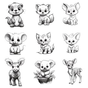 May include: Black and white illustrations of nine different cute animals, including a fox, a cat, a mouse, a deer, a koala, a moose, and an otter. The animals are all drawn in a cartoon style and have big eyes and friendly expressions.
