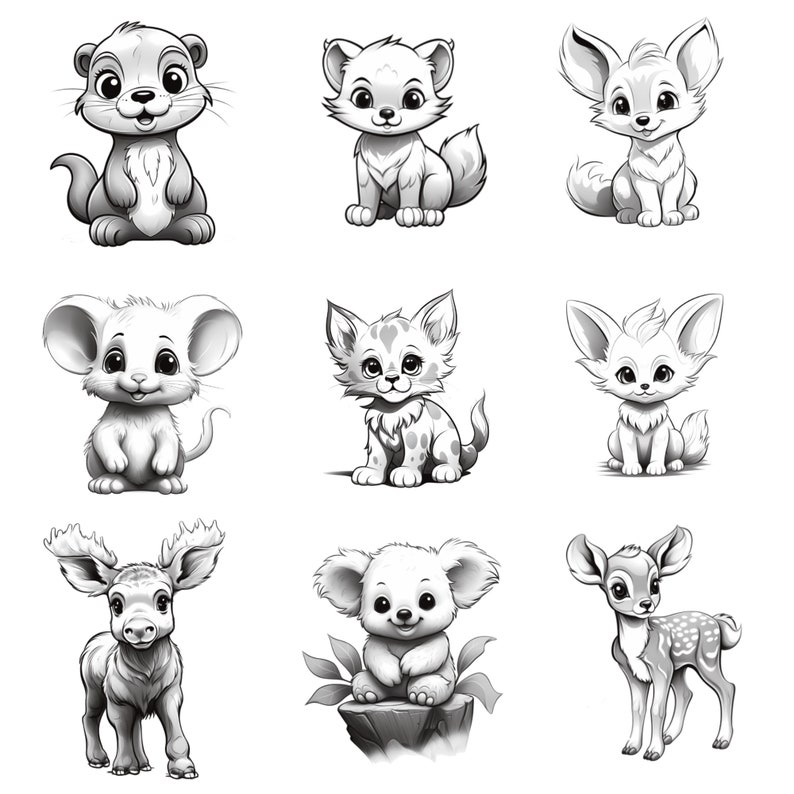 May include: Black and white illustrations of nine different cute animals, including a fox, a cat, a mouse, a deer, a koala, a moose, and an otter. The animals are all drawn in a cartoon style and have big eyes and friendly expressions.