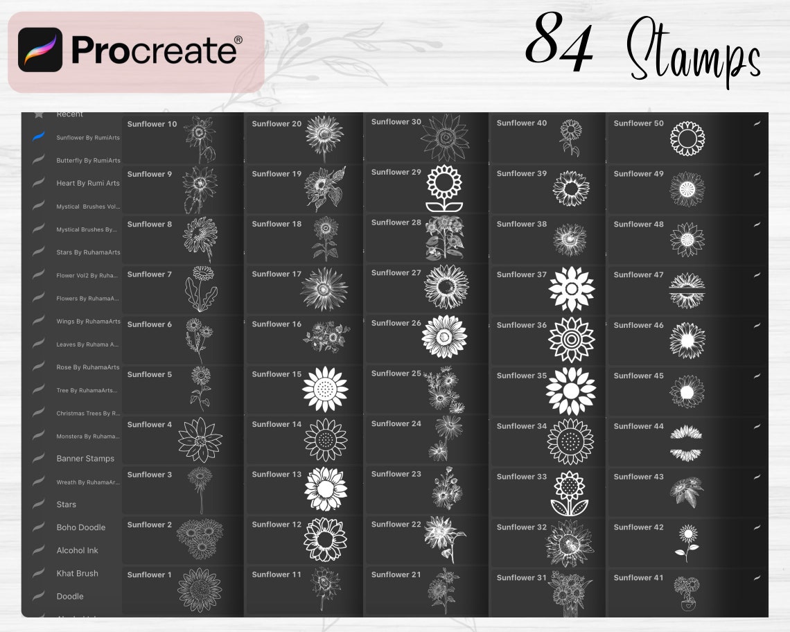 Sunflower Procreate Stamps | 84 Sunflower Procreate Brushes | Floral ...