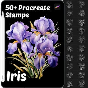 May include: 50+ Procreate Stamps Iris: A digital art stamp set featuring a bouquet of purple irises with green leaves on a black background. The set includes 50+ stamps for use in the Procreate app.