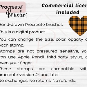 Peut inclure: Une liste de produits num&eacute;riques pour des pinceaux Procreate dessin&eacute;s &agrave; la main. L'image pr&eacute;sente un c&oelig;ur en tissu &eacute;cossais noir et orange avec le texte "Procreate Brushes" et "Licence commerciale incluse". La liste comprend des informations sur le produit, telles que la possibilit&eacute; de modifier la taille, la couleur et l'opacit&eacute; de chaque tampon, et que les tampons sont compatibles avec Procreate version 4.1 et ult&eacute;rieure.
