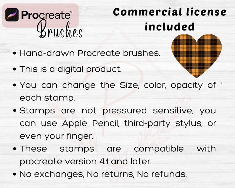 Peut inclure: Une liste de produits num&eacute;riques pour des pinceaux Procreate dessin&eacute;s &agrave; la main. L'image pr&eacute;sente un c&oelig;ur en tissu &eacute;cossais noir et orange avec le texte "Procreate Brushes" et "Licence commerciale incluse". La liste comprend des informations sur le produit, telles que la possibilit&eacute; de modifier la taille, la couleur et l'opacit&eacute; de chaque tampon, et que les tampons sont compatibles avec Procreate version 4.1 et ult&eacute;rieure.