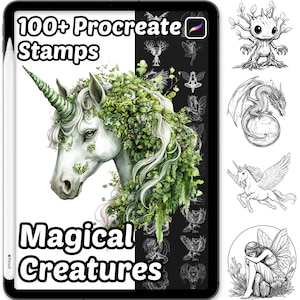 May include: A digital art set displayed on a tablet, featuring a white unicorn with green foliage, the text "100+ Procreate Stamps" and "Magical Creatures." Additional illustrations of mythical creatures are shown.