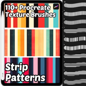 Könnte beinhalten: Ein digitales Tablet zeigt den Text "110+ Procreate Texture Brushes" und "Strip Patterns". Der Bildschirm zeigt farbige vertikale Streifen und Beispiele für Pinselstriche. Ein weißer Stift befindet sich auf der linken Seite des Tablets.