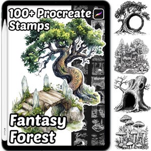 May include: A digital art set displayed on a tablet, featuring "100+ Procreate Stamps" and "Fantasy Forest" text. The artwork includes a detailed watercolor illustration of a fantasy tree, a bridge with crystals, and various forest-themed stamps.