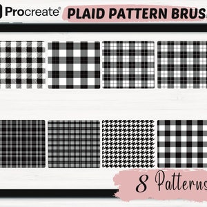 Peut inclure: L'&eacute;cran d'une tablette num&eacute;rique affiche huit motifs &eacute;cossais noirs et blancs. Le texte "PLAID PATTERN BRUSHES" est en haut de l'&eacute;cran. Le texte "8 Patterns" est en bas de l'&eacute;cran.