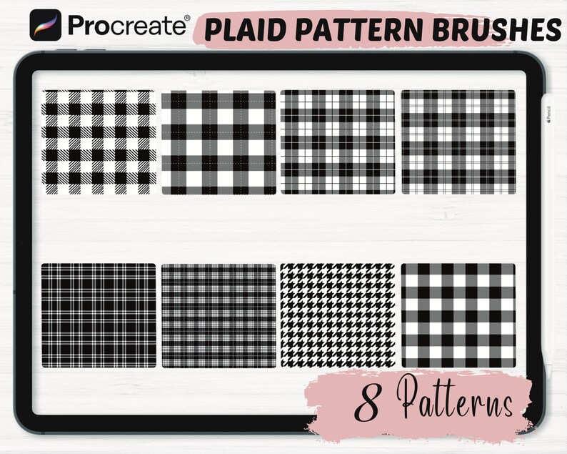 Peut inclure: L'&eacute;cran d'une tablette num&eacute;rique affiche huit motifs &eacute;cossais noirs et blancs. Le texte "PLAID PATTERN BRUSHES" est en haut de l'&eacute;cran. Le texte "8 Patterns" est en bas de l'&eacute;cran.