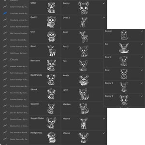 May include: A grid of black and white illustrations of various animals, including an otter, owl, bunny, deer, raccoon, red panda, koala, skunk, lynx, squirrel, marten, sugar glider, moose, hedgehog, and mouse. Each animal is depicted in a cartoon style with a simple, rounded design.
