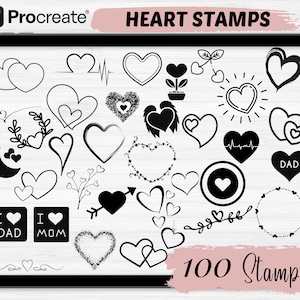 May include: A digital illustration of 100 black and white heart-shaped stamps. The stamps include various designs, such as hearts with arrows, hearts with leaves, hearts with text, and hearts with other decorative elements. The text "HEART STAMPS" is at the top of the image, and the text "100 Stamps" is at the bottom of the image.