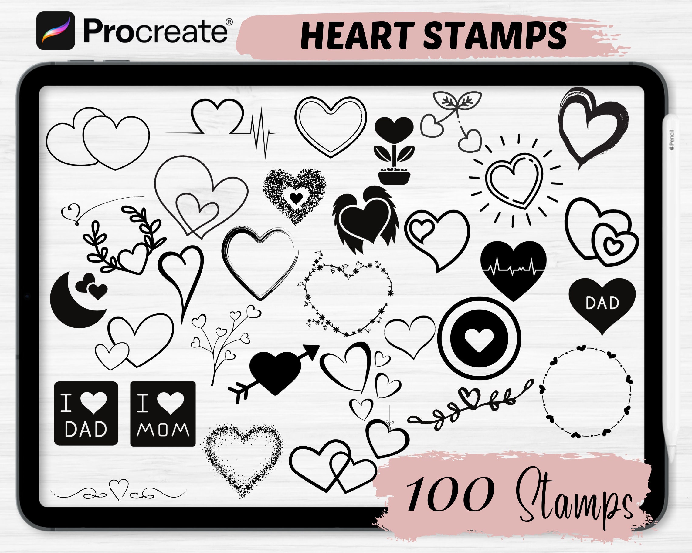 Heart Procreate Stamps 100 Heart Procreate Stamps Heart Procreate Brushes  Procreate Heart Brushes procreate Stamps Shape Procreate 