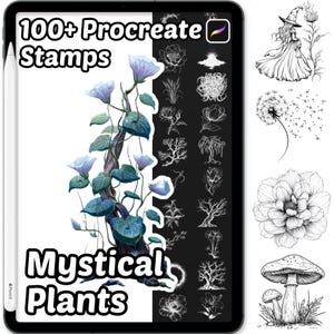 May include: A digital tablet displays a collection of Procreate stamps. The screen shows a vibrant illustration of mystical plants, including blue flowers and green leaves. The text reads "100+ Procreate Stamps" and "Mystical Plants".