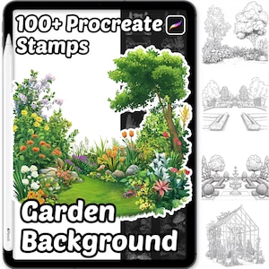May include: A digital tablet displays a colorful garden scene with the text "100+ Procreate Stamps" and "Garden Background." The image includes a variety of flowers, trees, and a grassy path. A stylus is visible on the left.